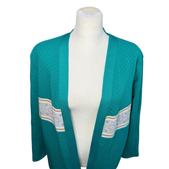 Stage 7 Cardigan Sweater‎ Women 18 Knitted Mod Fair Isle Preppy Teal 60s Vintage - Picture 2 of 10
